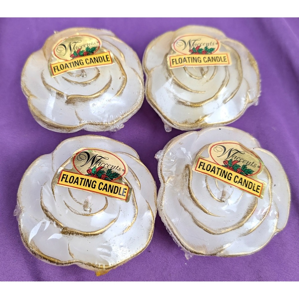 4 Scented Floating Floral Rose Candles Golden Edges Vintage Sealed Waccents